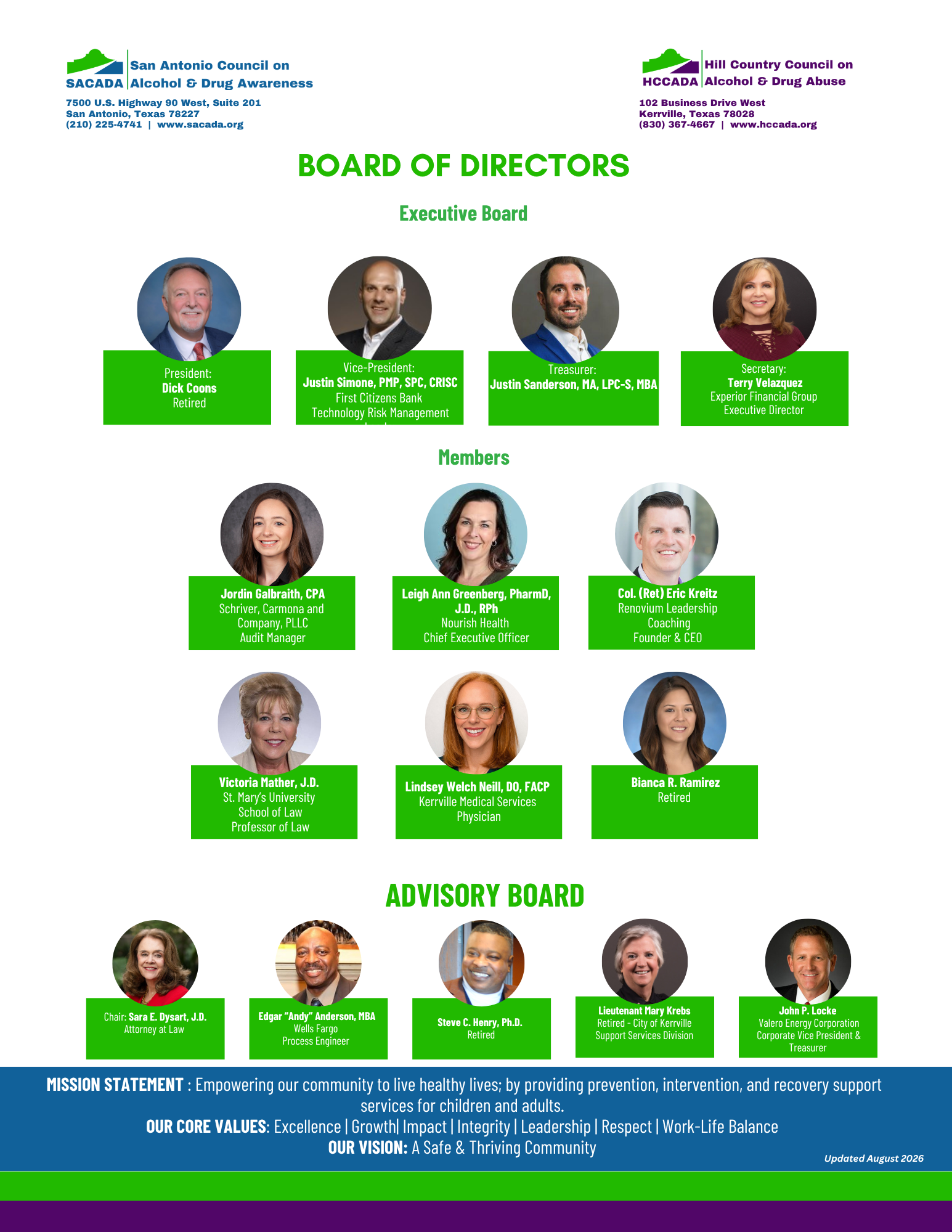 SACADA Board & Advisory Board August 2026
